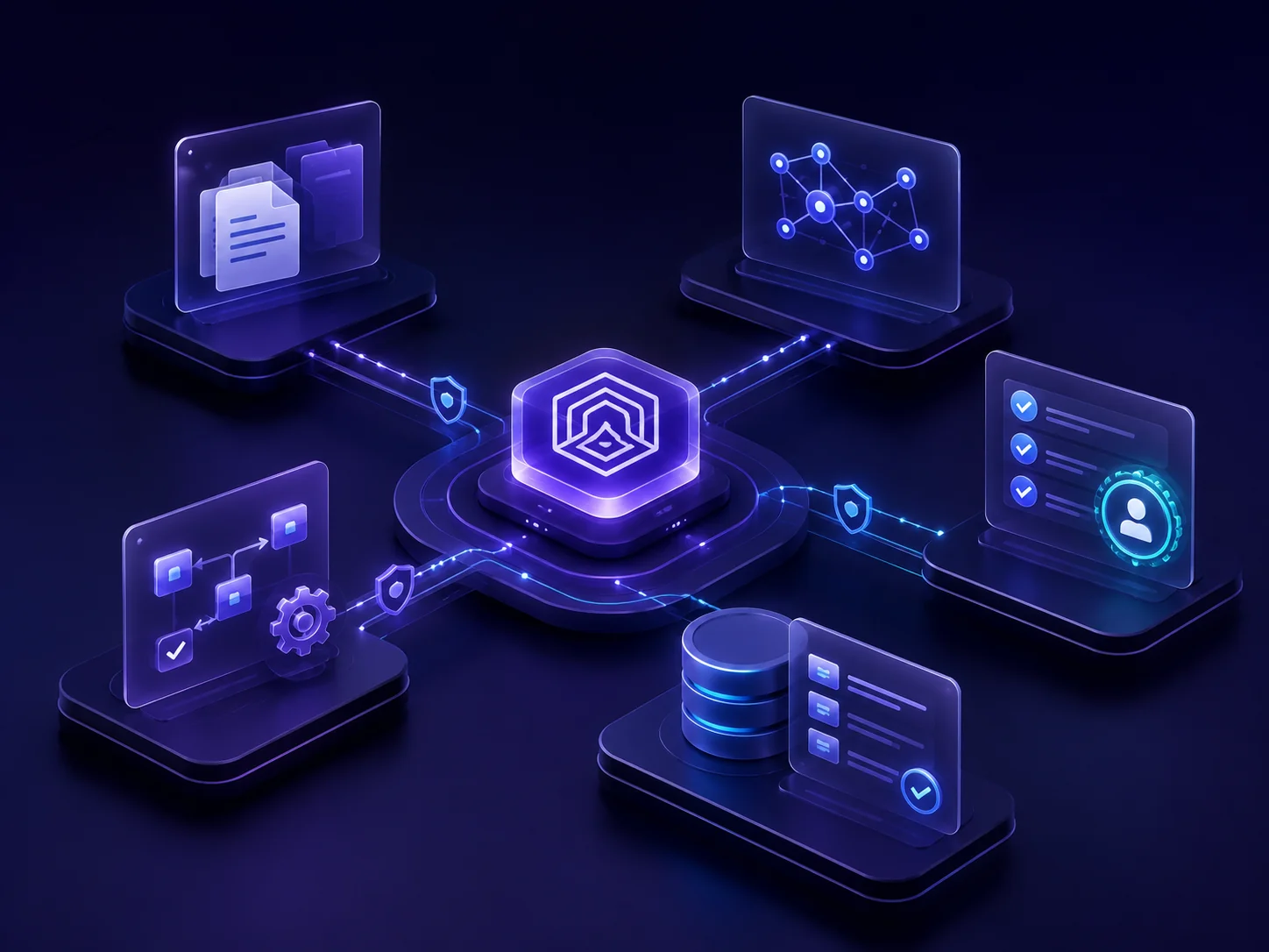 Governed AI agent at the centre of connected workflow, document, database and approval panels